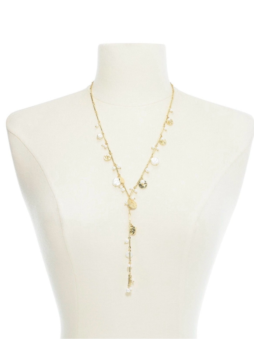 INC International Concepts Gold-Tone Faux Pearl & Hammered Disc Lariat Necklace